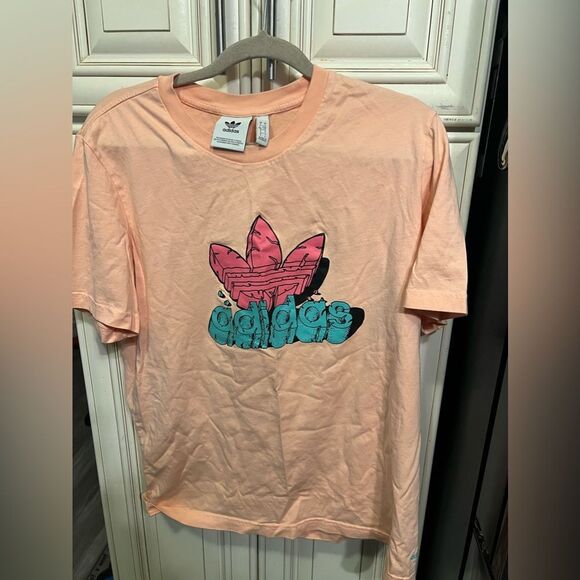 ADIDAS T-shirt  Peach   SZ L Short-Sleeve Trefoil Logo Graphic T-Shirt Unisex - Picture 8 of 9